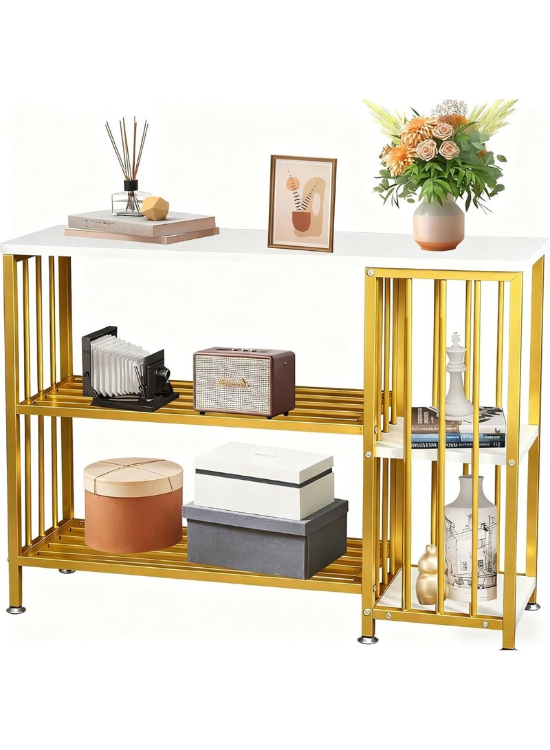 DubaiGallery Elegant Gold Metal Console Table with White Marble-Style Top, Multi-Layer Storage Shelves, Stylish Entryway Sofa Table for Living Room, Bedroom, Office, and Decorative Display Use - Image 1